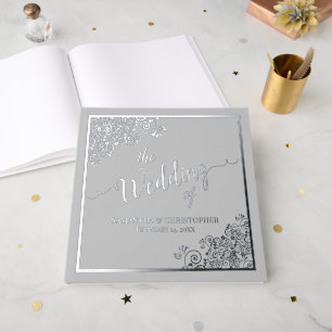 Elegante Kalligrafie - Silberfolie auf graue Hochz Gästebuch