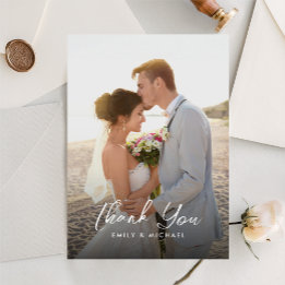Elegante Kalligrafie Staubblau Foto Hochzeit Dankeskarte
