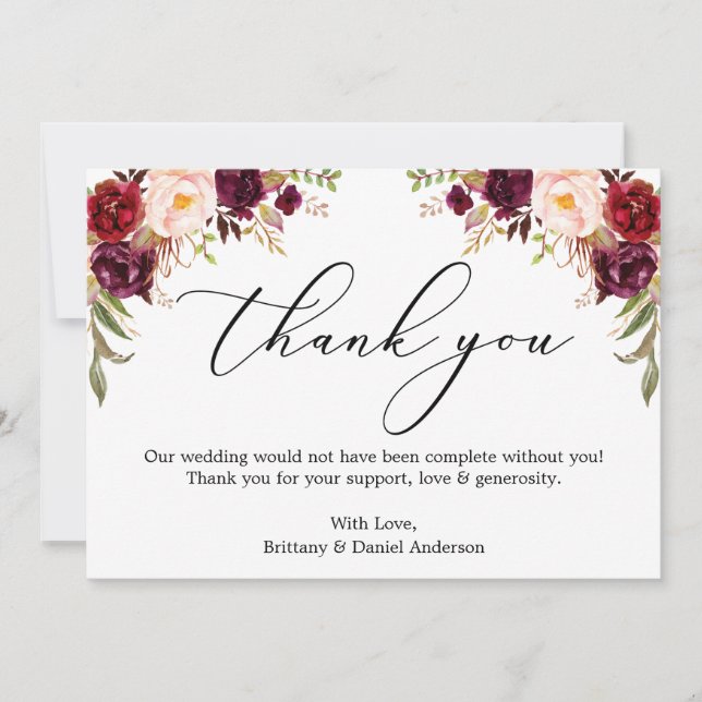 Elegante Kalligrafie Wasserfarbe Burgund Blauer Dankeskarte (Vorderseite)