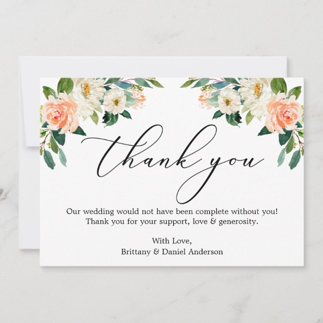 Elegante Kalligrafie Wasserfarbe Korallenweiße Flo Dankeskarte (Vorderseite)
