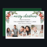 Elegante Kalligrafie Wasserfarbe Winter Blumengrün Feiertagskarte<br><div class="desc">Moderne Kalligraphie-Skripte. Die elegante Winter Floral 3 Foto Merry Christmas Card beinhaltet wunderschöne Aquarelltaschen,  botanische Vegetation,  winterliche Blätter,  Heilige Beeren,  Rosen,  Baumwolle,  Kiefern und blaue Beeren. Grün zurück.</div>