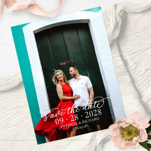 Elegante Kalligrafie Weiße Text Foto Save The Date Postkarte