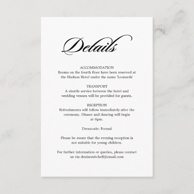 Elegante Kalligrafie White Wedding Details Begleitkarte (Vorderseite)