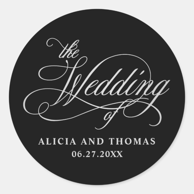 Elegante Kalligraphie Black and Silver Wedding Runder Aufkleber (Vorderseite)
