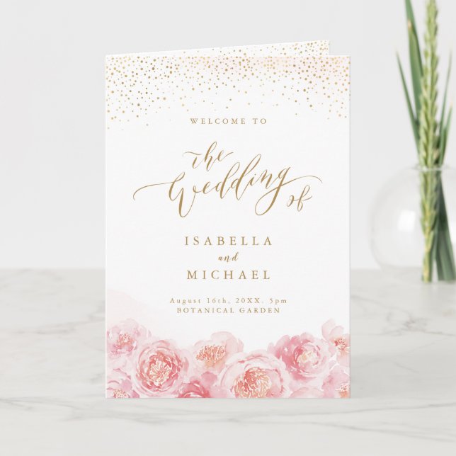 Elegante Kalligraphie, Gold und Blütenhochzeit Programm (Vorderseite)