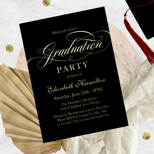 Elegante Kalligraphie Grad Party Black and Gold Folieneinladung (Von Creator hochgeladen)