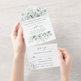 Elegante Kalligraphie Grüne Foliage Hochzeit All In One Einladung