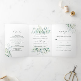 Elegante Kalligraphie Grüne Foliage Hochzeit Dreifach Gefaltete Einladung