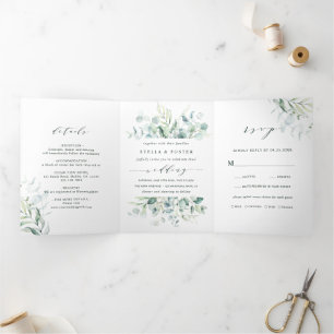 Elegante Kalligraphie Grüne Foliage Hochzeit Dreifach Gefaltete Einladung