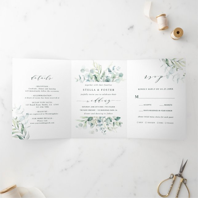 Elegante Kalligraphie Grüne Foliage Hochzeit Dreifach Gefaltete Einladung (Innenseite)