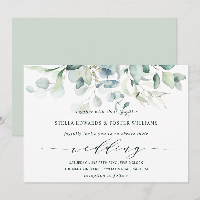 Elegante Kalligraphie Grüne Foliage Hochzeit Einladung (Vorne/Hinten)