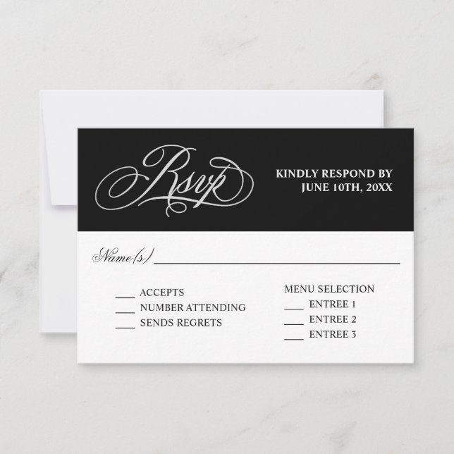 Elegante Kalligraphie Hochzeit RSVP mit Entrees Karte (Vorderseite)