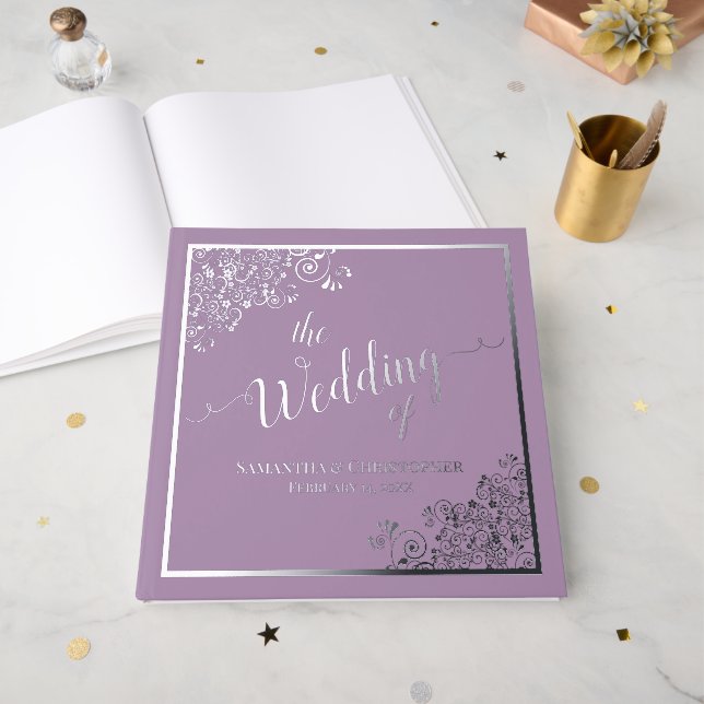 Elegante Kalligraphie Lavender & Silver Foil Weddi Gästebuch (Vorderseite Offen)