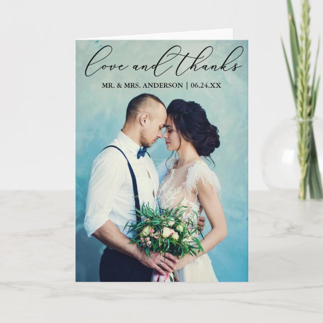 Elegante Kalligraphie Liebe dank Foto Falten Dankeskarte (Vorderseite)