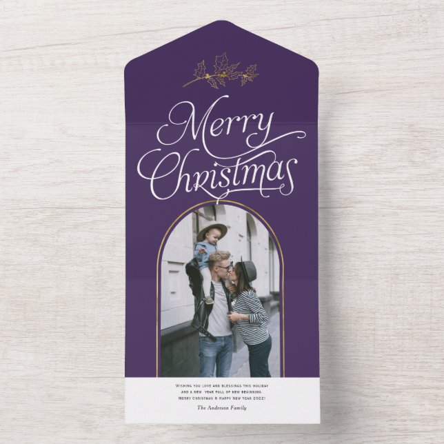 Elegante Kalligraphie lila Weihnachtsfotokarte All In One Einladung (Innen Boden)