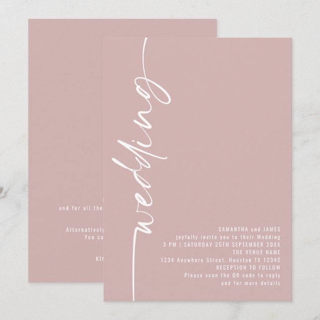 Elegante Kalligraphie QR Code Dusty Rose Hochzeit Einladung (Vorne/Hinten)