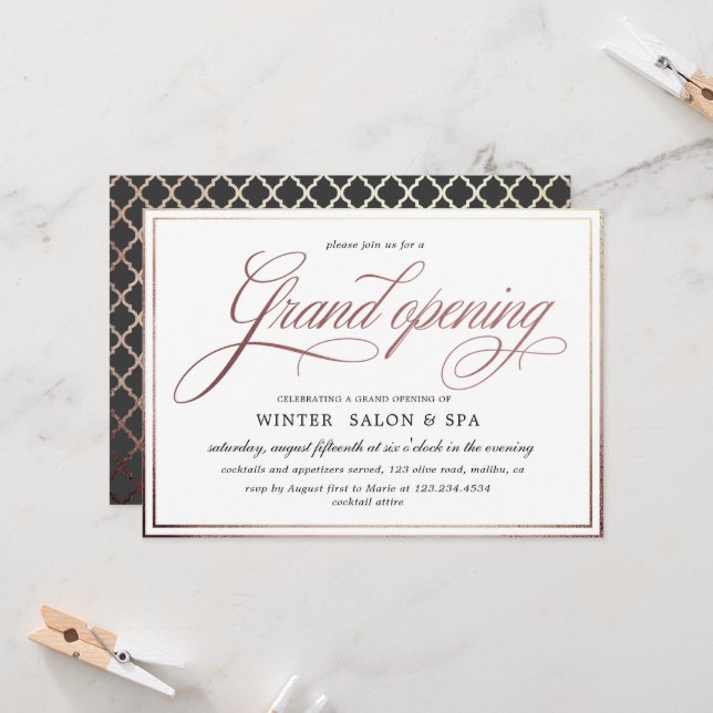 elegante Kalligraphie Rose gold Grand Opening Einladung (Vorderseite/Rückseite Beispiel)