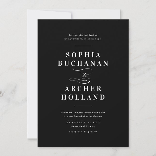 Elegante Kalligraphie Schwarz-Weiß-Hochzeit Einladung (Vorderseite)