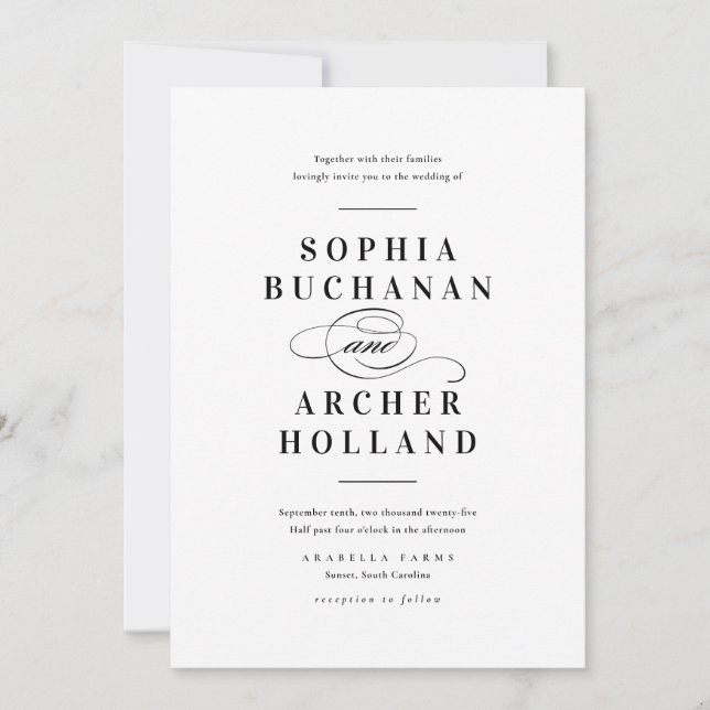 Elegante Kalligraphie Schwarz-Weiß-Hochzeit Einladung (Vorderseite)