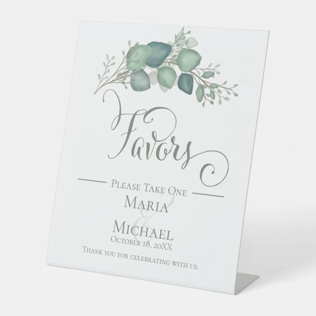 Elegante Kalligraphie-Skript Eukalyptus-Favors Sockelschild (Vorderseite)