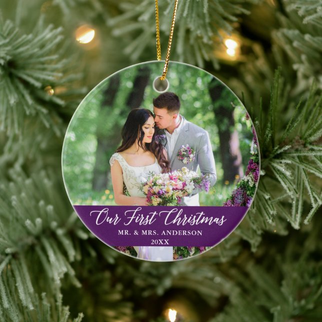 Elegante Kalligraphie Unser erstes Weihnachtsfest  Keramik Ornament (Baum)