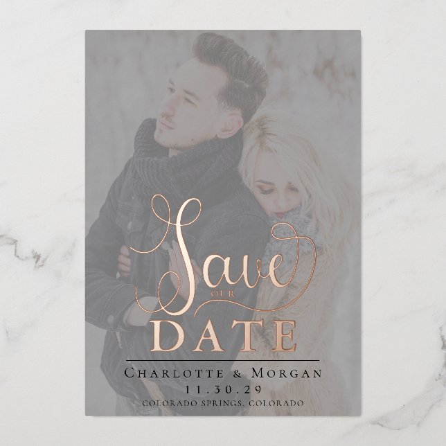 Elegante Kalligraphie Zwei Fotos Save the Date Ros Folieneinladung (Vorderseite)