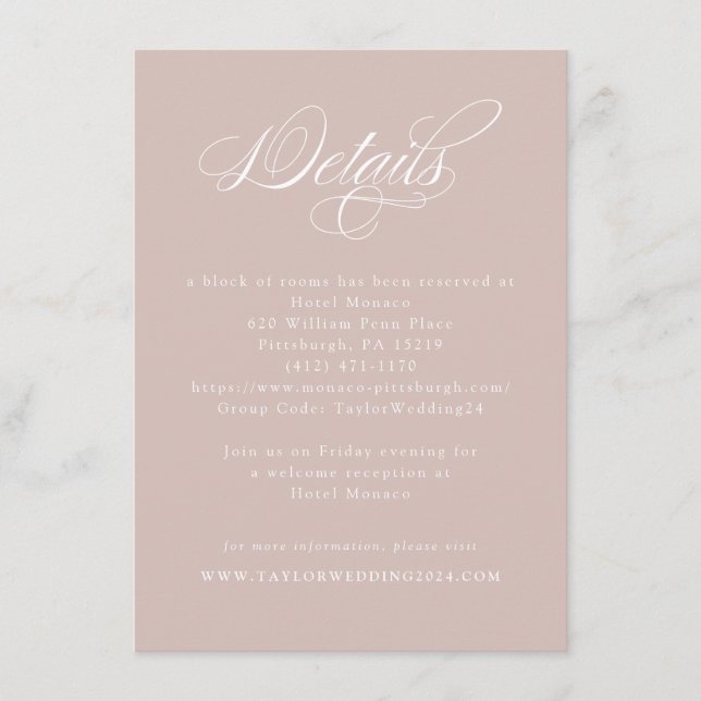 Elegante kalligraphische Dusty Pink Wedding Detail Begleitkarte (Vorderseite)