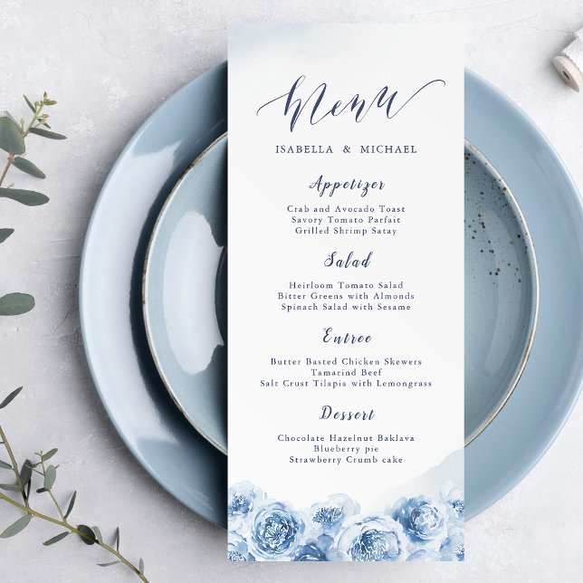 Elegante kalligraphische Hochzeit mit Blütenblumen Menükarte (Elegant calligraphy blue watercolor floral wedding menu)