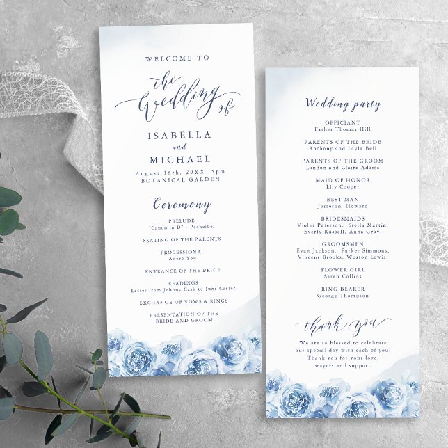 Elegante kalligraphische Hochzeit mit Blütenblumen Programm (Elegant calligraphy blue watercolor floral wedding program)