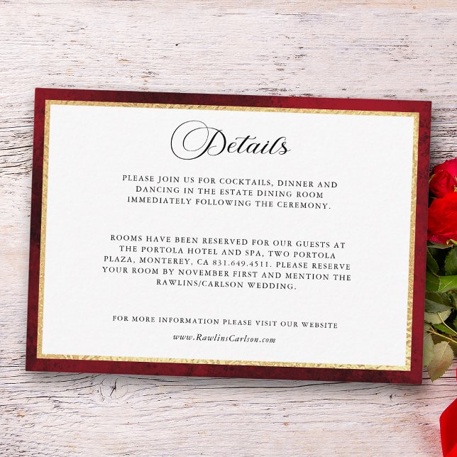 Elegante kalligraphische Hochzeit Rot und Gold Begleitkarte (Von Creator hochgeladen)