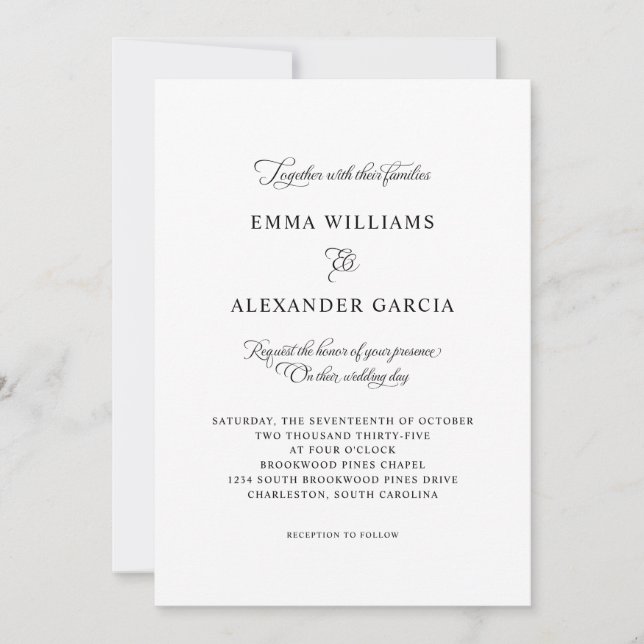 Elegante kalligraphische Hochzeitdetails Schwarz & Einladung (Vorderseite)