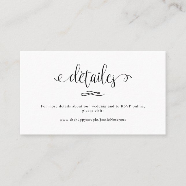 Elegante kalligraphische Hochzeitsdetails Visitenkarte (Vorderseite)