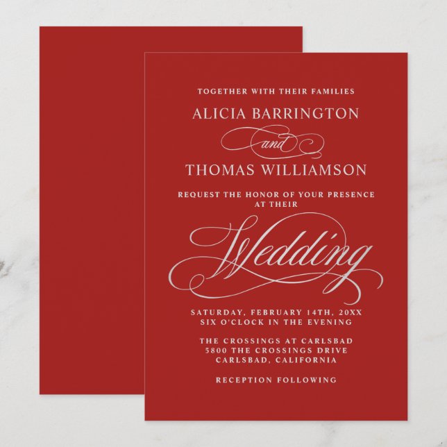 Elegante kalligraphische Rot- und Silberhochzeit Einladung (Vorne/Hinten)