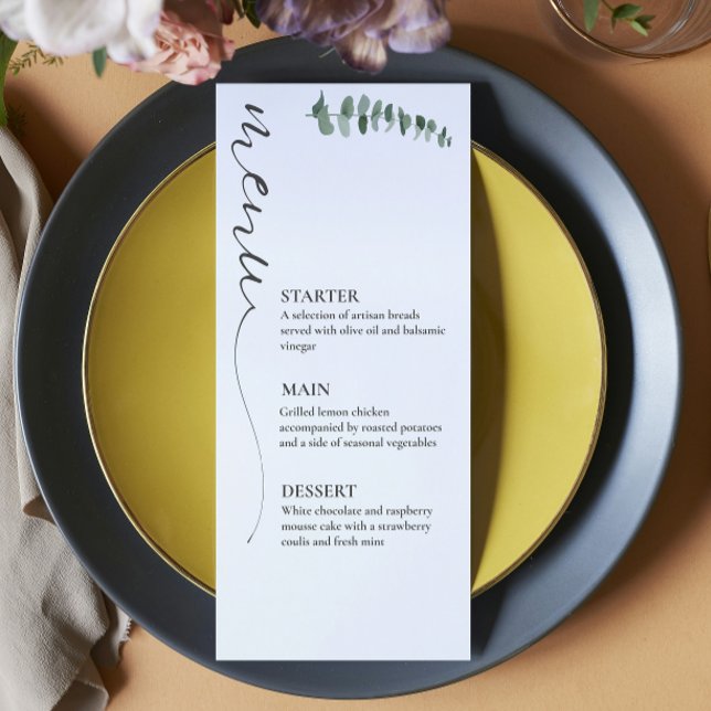 Elegante kalligraphische Schwarz-Weiß-Hochzeit Menükarte (Von Creator hochgeladen)