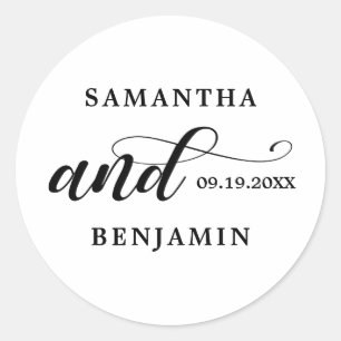 Elegante kalligraphische Schwarz-Weiß-Hochzeit Runder Aufkleber