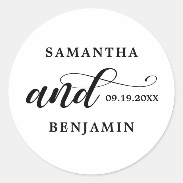 Elegante kalligraphische Schwarz-Weiß-Hochzeit Runder Aufkleber (Vorderseite)