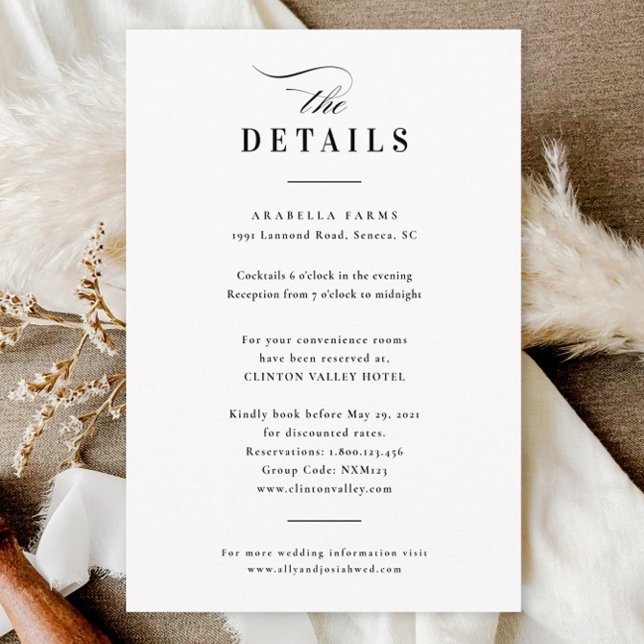 Elegante kalligraphische Schwarz-Weiß-Hochzeitsdet Begleitkarte (Elegant simple black and white wedding details enclosure card.)