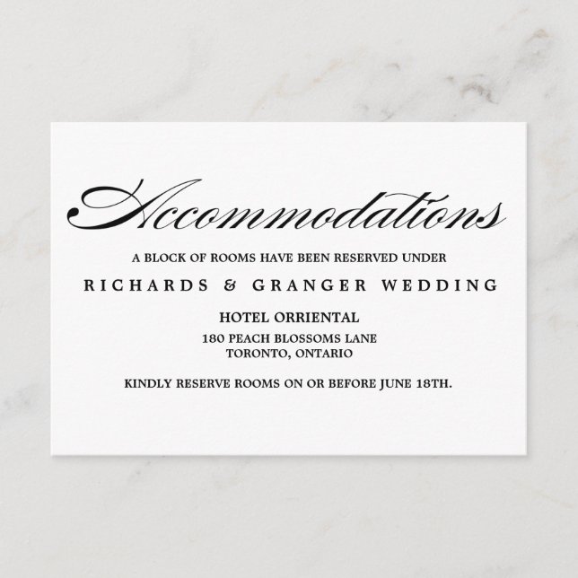 Elegante kalligraphische Skripte Hochzeitsunterkün Begleitkarte (Vorderseite)
