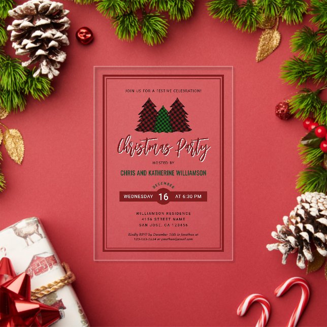 Elegante Karierte Muster Weihnachtsbaumfeier Acryleinladungen (Insitu (Feiertag))