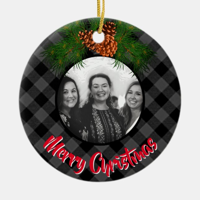 Elegante karierte Pineconfotovorlage Keramik Ornament (Vorne)