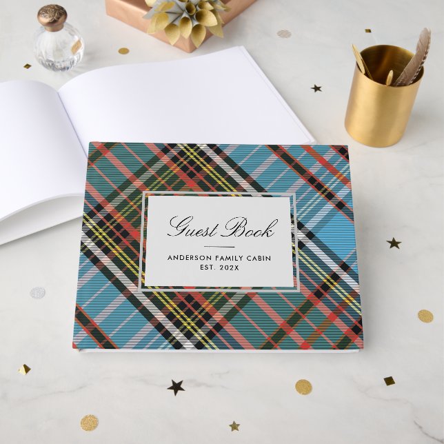 Elegante Karierte Rustikale Familienhütte Tartan Gästebuch (Vorderseite Offen)