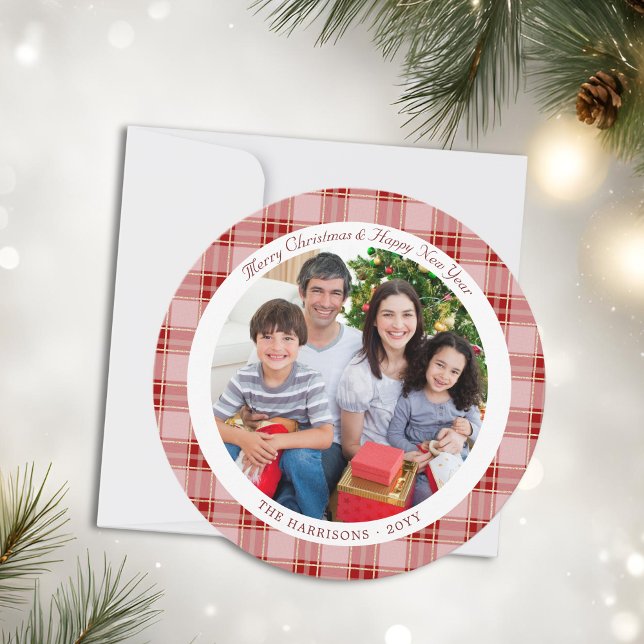 Elegante Karierte Weihnachtsfotokarte Feiertagskarte (Elegant Red Plaid Christmas Holiday Photo Card)