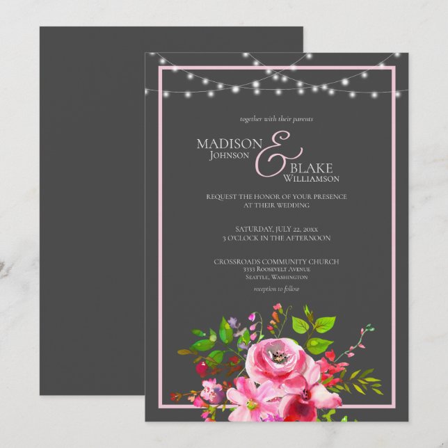 Elegante Karkohle Grau und Rosa Hochzeit Einladung (Vorne/Hinten)
