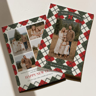 Elegante Karo-Familienfoto-Weihnachtskarte Feiertagskarte