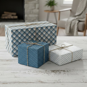 Elegante Karo- und Polka-Punkte-Kunst Geschenkpapier Set