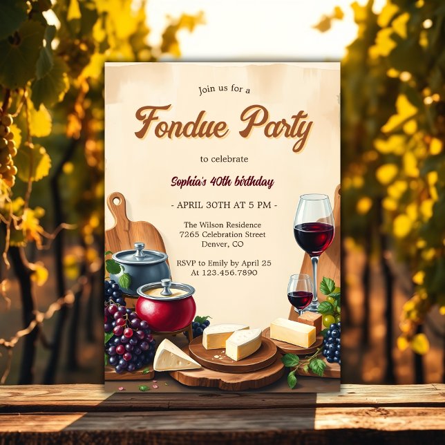Elegante Käse Wein Fondue Geburtstagsparty Einladung (Elegant Cheese and Wine Fondue Birthday Party Invitation)