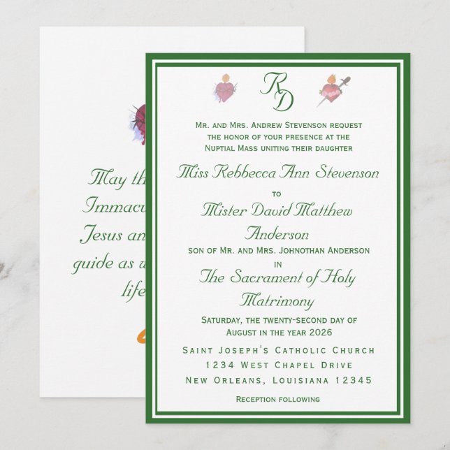 Elegante katholische Hochzeitseinladung mit zwei H Einladung (Vorne/Hinten)