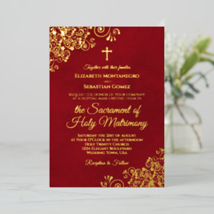 Elegante katholische Hochzeitstiefel Rot & Gold Folieneinladung