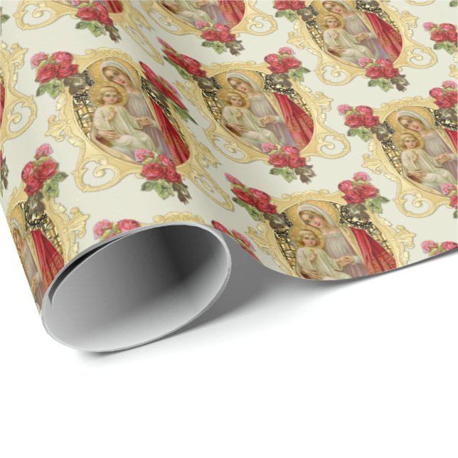 Elegante katholische Jungfrau Mary Jesus Rote Rose Geschenkpapier (Rolleneckpunkt)