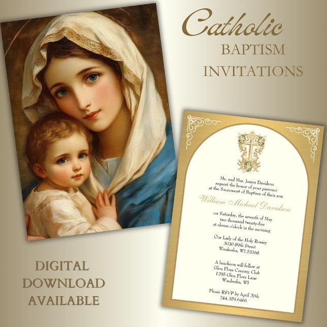Elegante katholische Taufe Mary Jesus Gold Einladung (Von Creator hochgeladen)